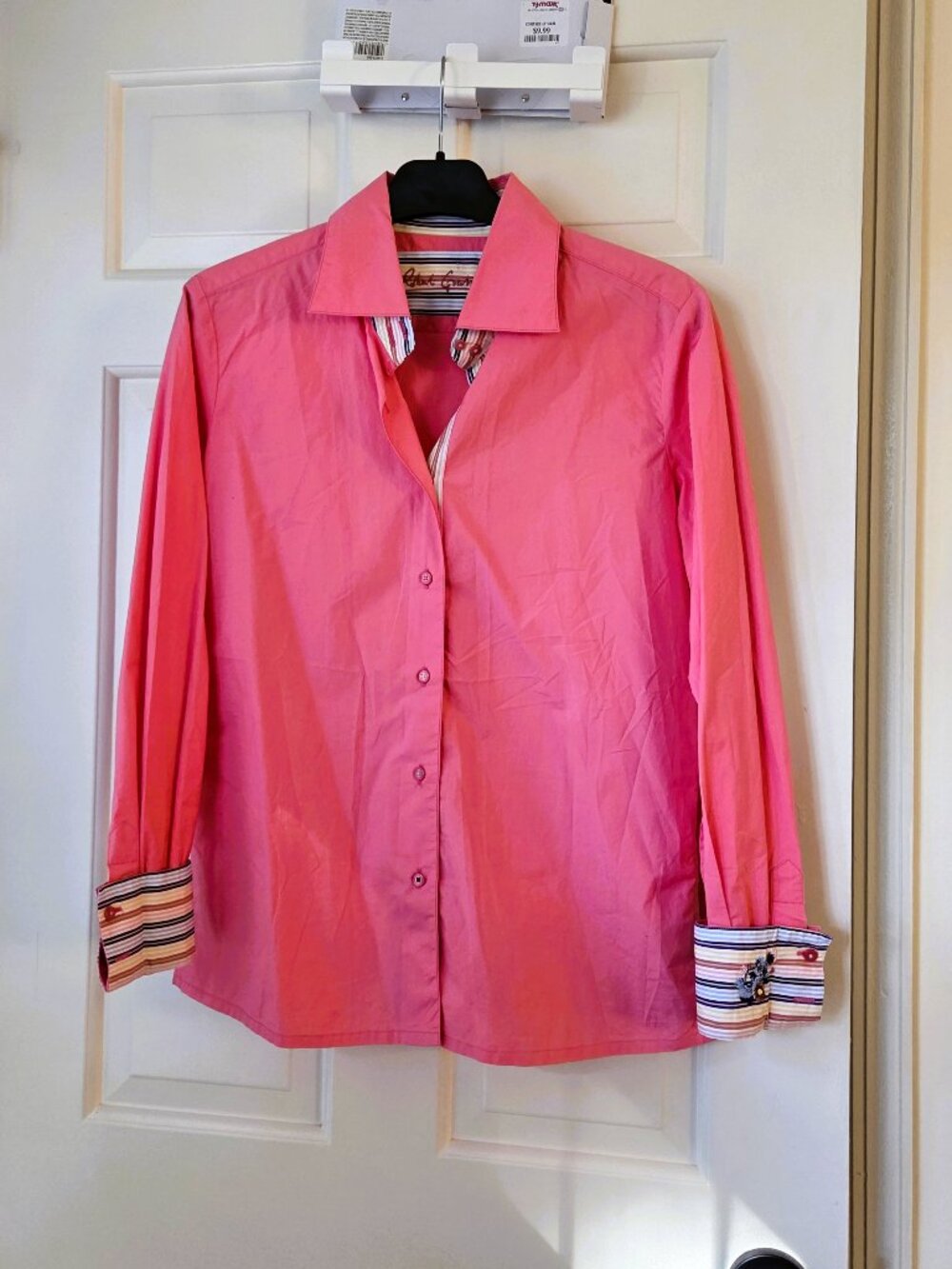 Robert Graham Pink Button Down Embroidery Striped Cuff Shirt Fits Cotton Ribbon